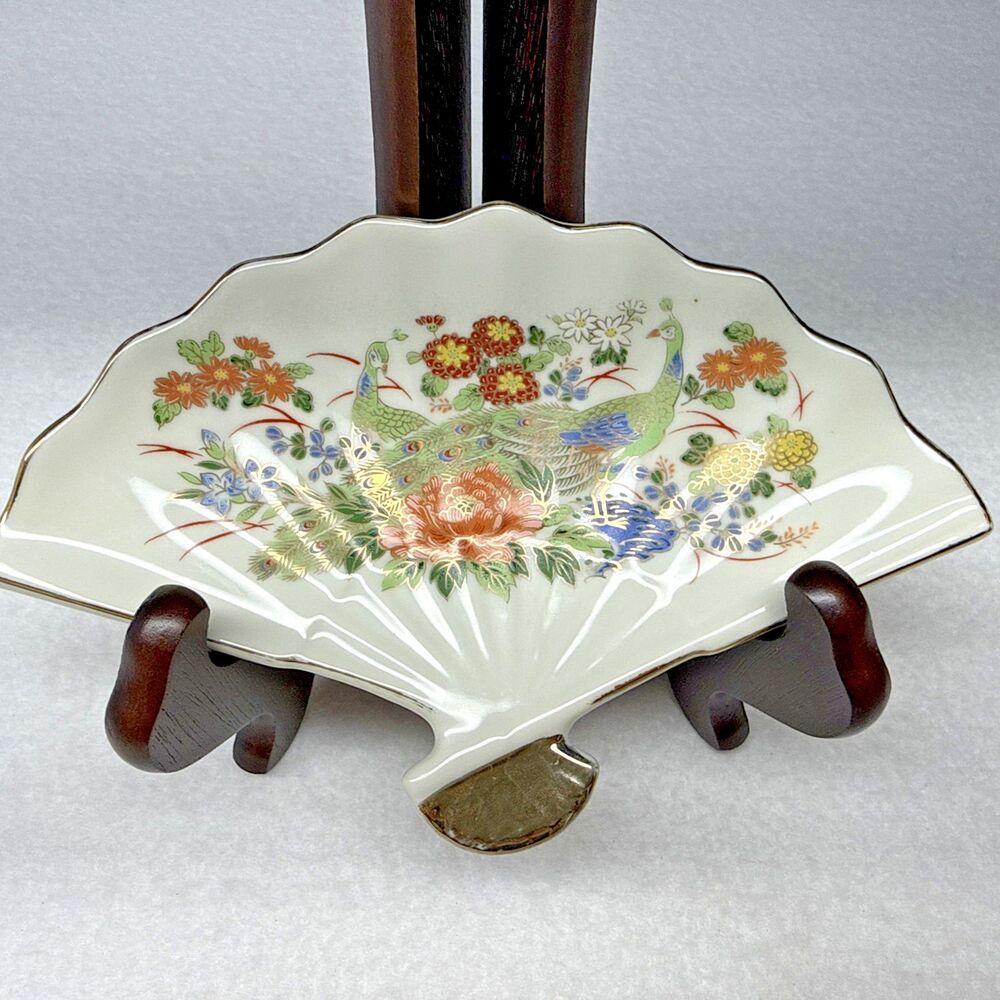 Asahi Japan Fan Shaped Peacock Trinket Dish Floral Gold Porcelain Vintage